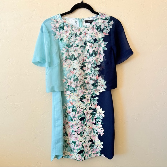 BCBGMaxazria Kirsty Blue Layered Floral Mini Dress | XS | Designer Cocktail Dres - Picture 2 of 7